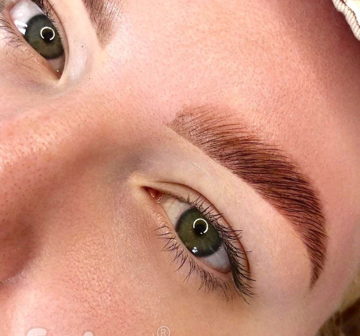 Extreme close-up of a finished brow and lashes