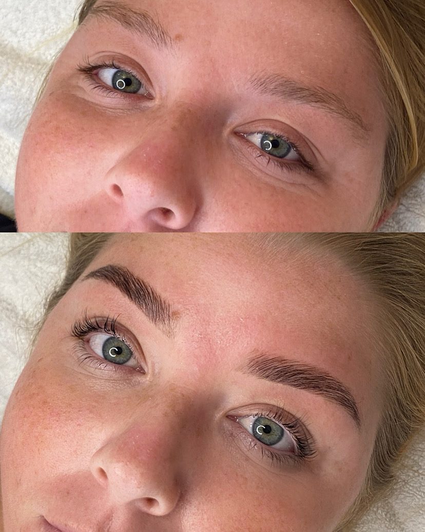 Before and after brows, one photo above the other